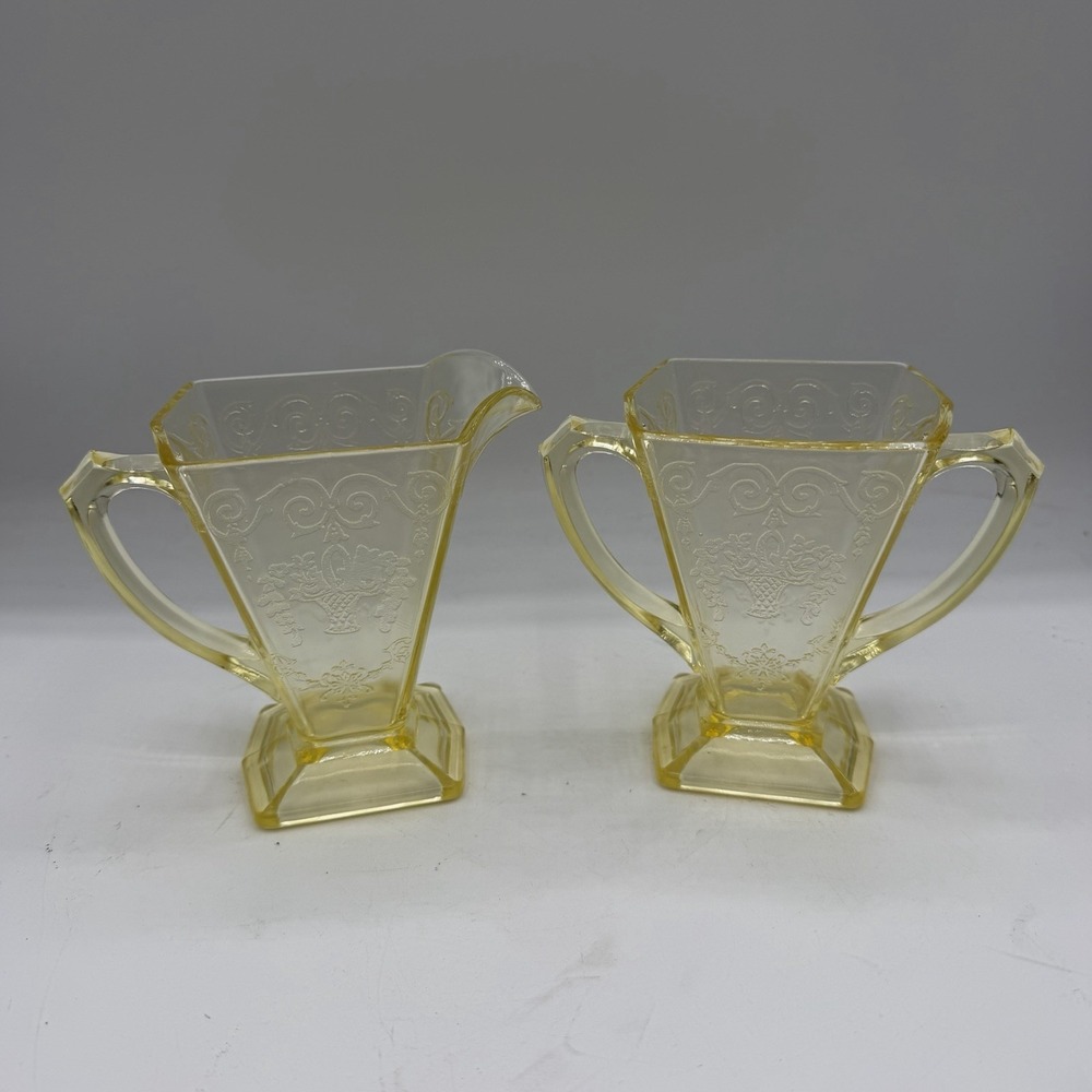 Vintage Yellow Depression Glass Lorain Basket Creamer & Open Sugar Bowl Indiana